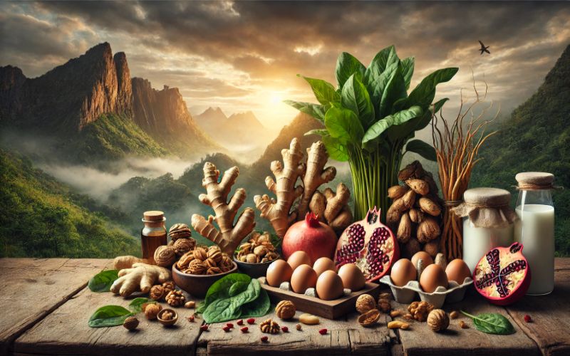 Natural Testosterone Booster Recipes for Vitality DALL·E 2024-11-19 02.55.36 – A visually striking landscape image of natural ingredients for testosterone boosters. Include fresh ginger, ginseng roots, walnuts, spinach leaves, po